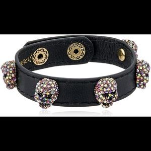 Betsey Johnson Black Leather with Multi-Color Stone Skulls Wrap Bracelet